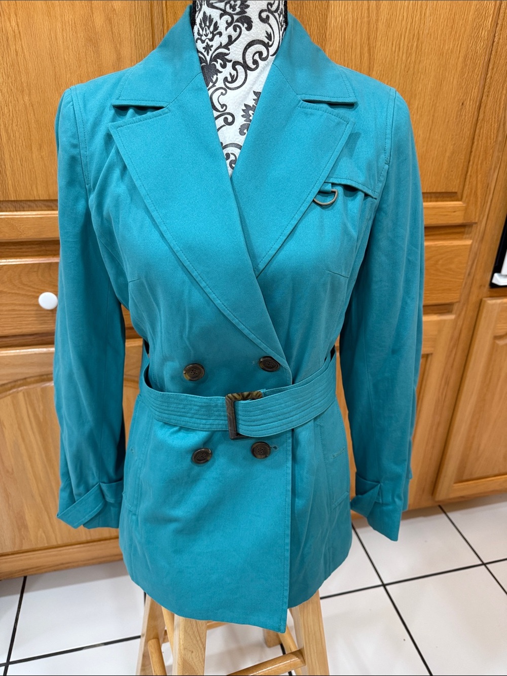 Petite Sophisticate Teal Double-Breasted Belted Trench Coat